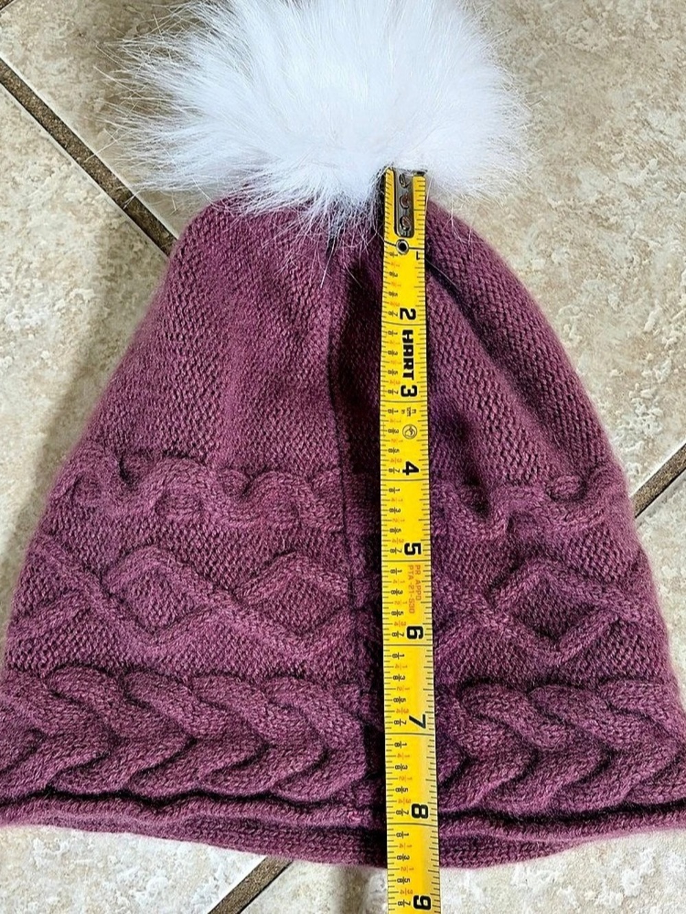 WHITE PINE MAUVE 100% Cashmere 2 PLY WITH Faux Fur Pom Knit Beanie Winter Hat - Picture 4 of 6